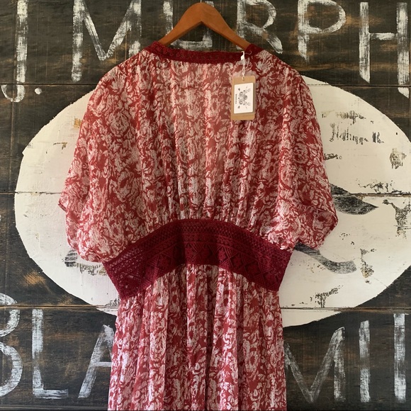 New Red Floral & Lace Kimono Maxi Beach Dress Cover-Up - Picture 11 of 12